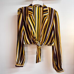 Yellow Multicolor Striped Blouse Long Sleeve Crop Top